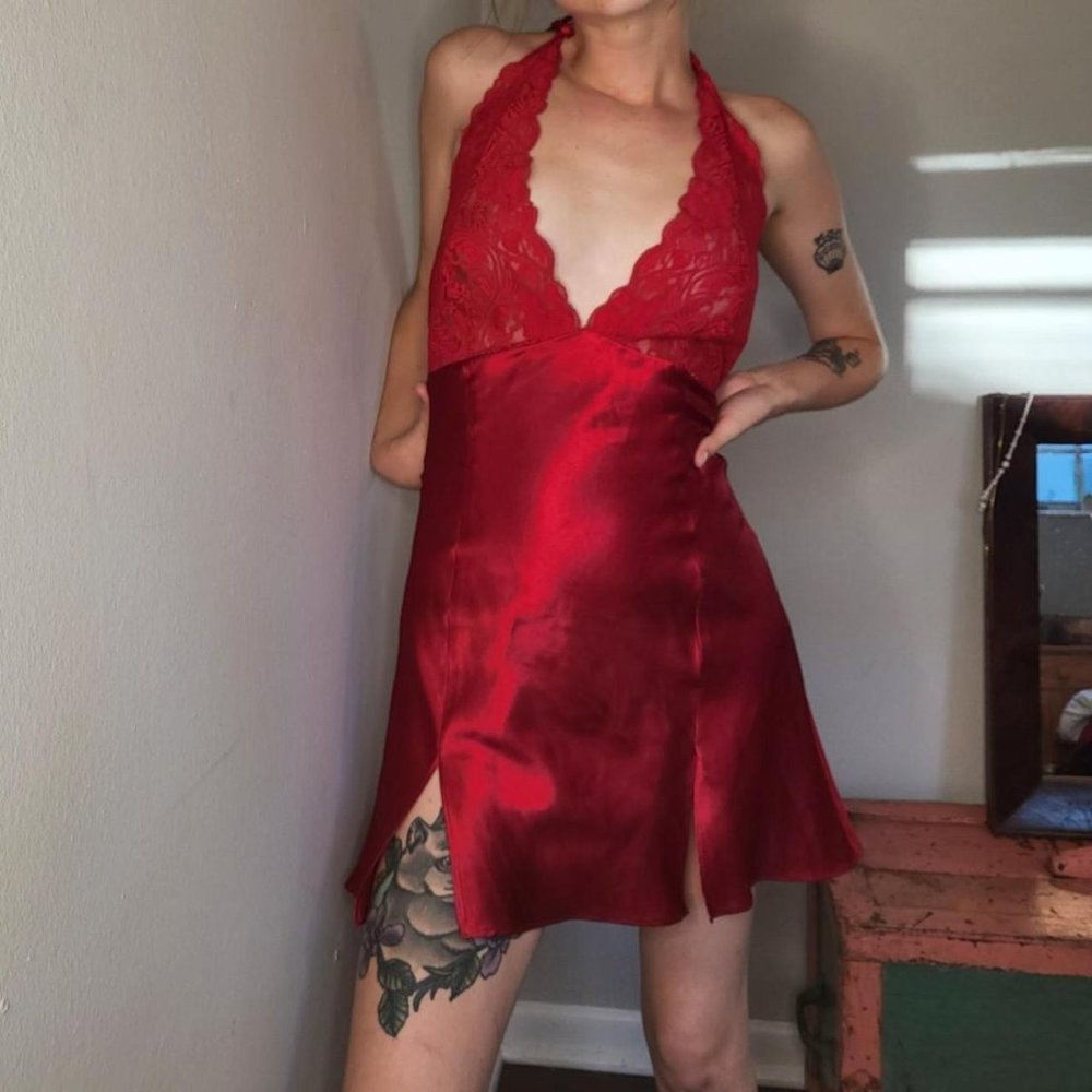 L, Frederick's of Hollywood, Vintage 1990s  Halter-Tie Red Hot Lingerie